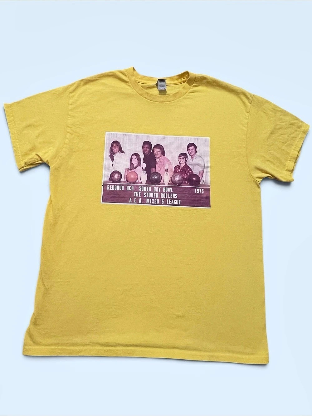 1975 The Stoned Rollers Redondo South Bay Bowling Team tee, retro style, size L
